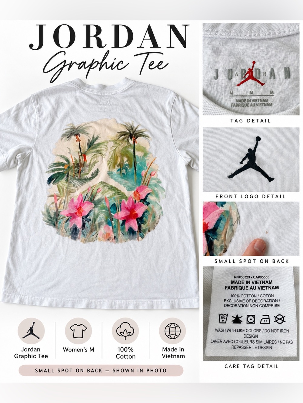 Jordan White Short-Sleeve Tee with Tropical Skull Graphic
